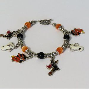 Halloween charm chain bracelet, Orange Cat's and black glass beaded bracelet